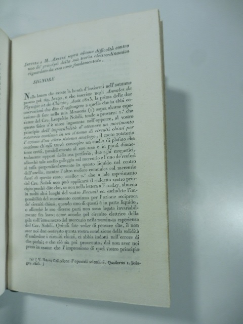 Lettera a M. Ampere sopra alcune difficoltà contro uno dei principii della sua teoria elettro - dinamica riguardato da esso come fondamentale. (Stralcio da: Nuovo giornale de' letterati. N. 27. 1826)